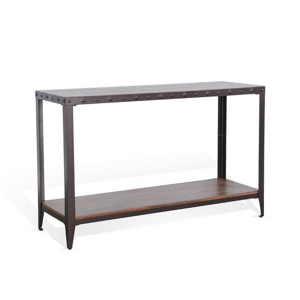 Ayka Sofa Table w Shelf, Nailhead Accent, 48" Rectangular Brown Wood