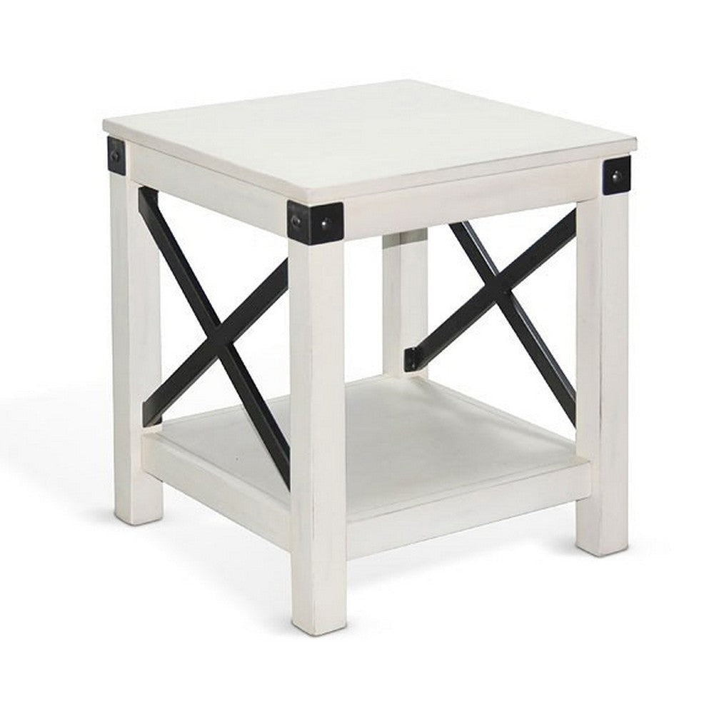 Sime Side End Table w Shelf X Panel 20’’ Square Off White Wood BM325169