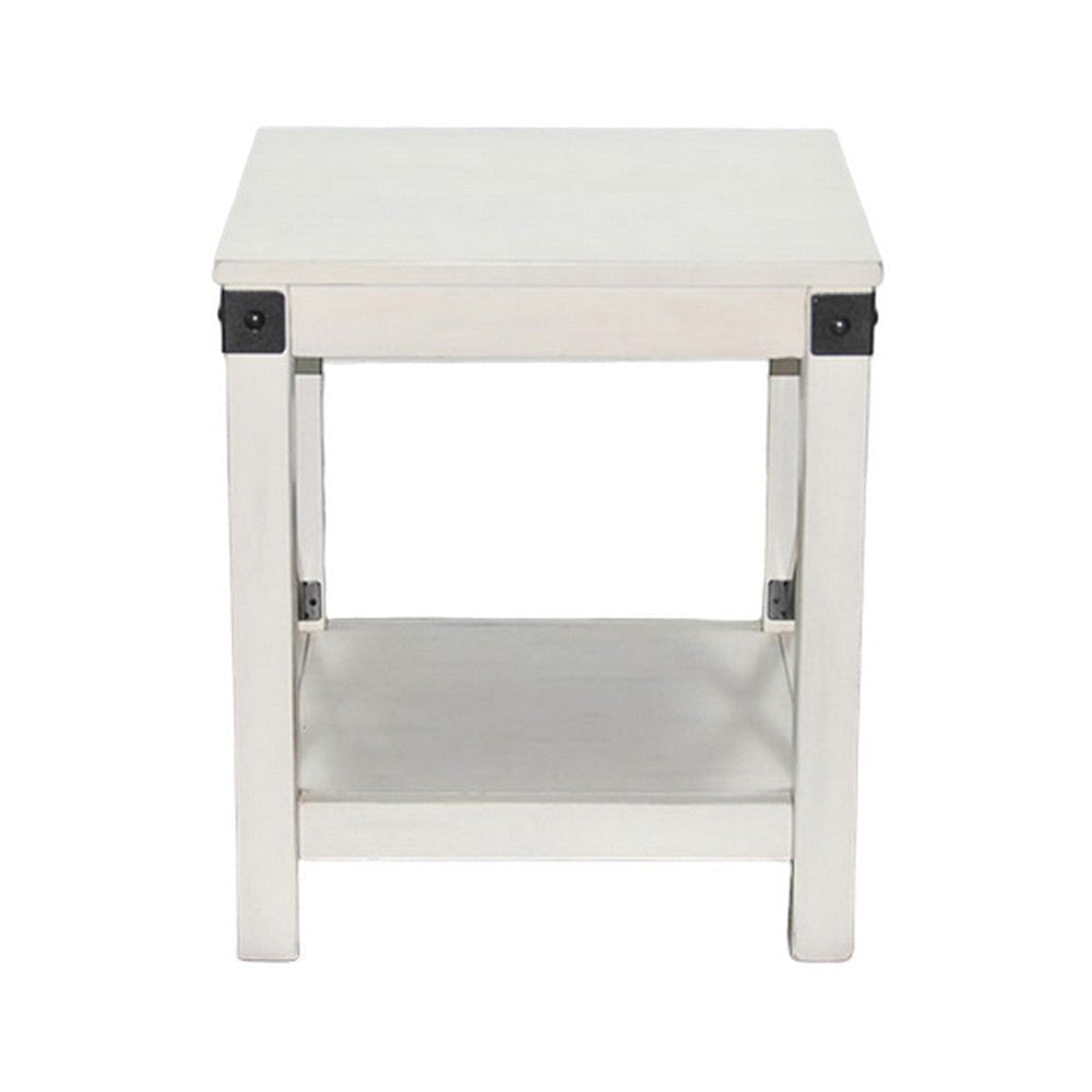 Sime Side End Table w Shelf X Panel 20’’ Square Off White Wood BM325169