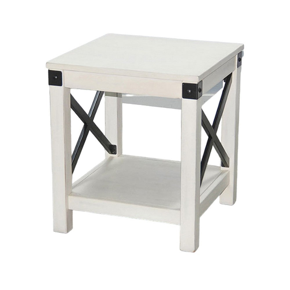 Sime Side End Table w Shelf X Panel 20’’ Square Off White Wood BM325169
