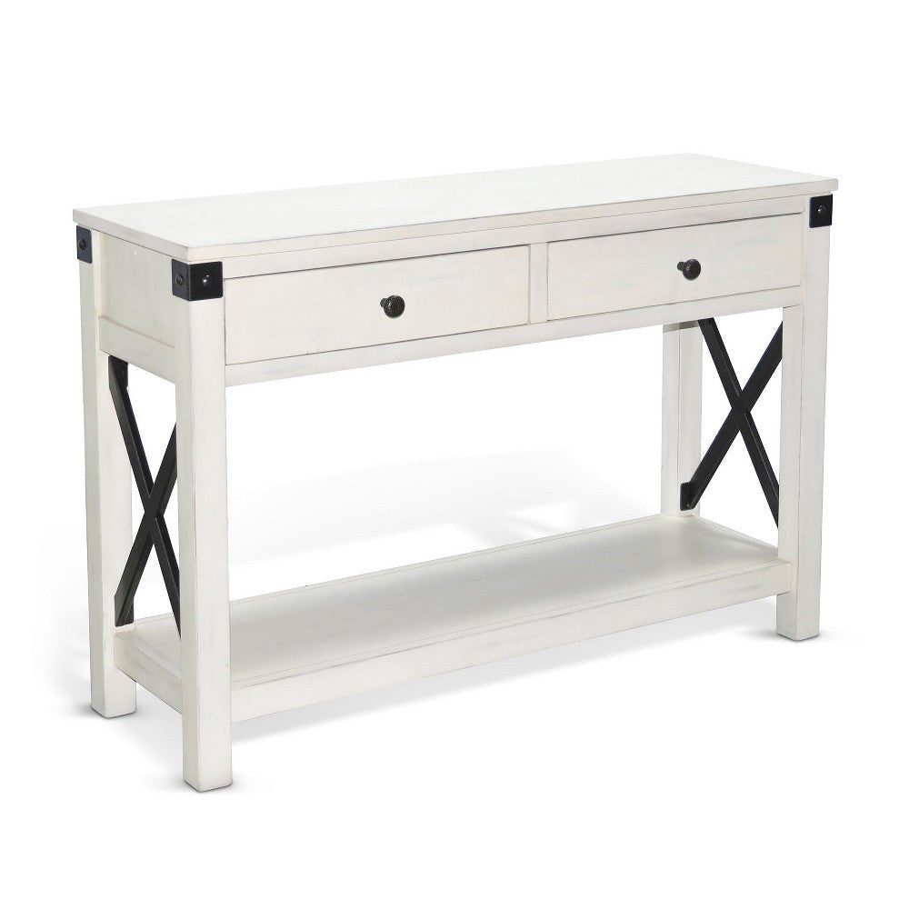 Sime Sofa Table w Shelf, 2 Drawers, 44" Rectangular Off White Wood