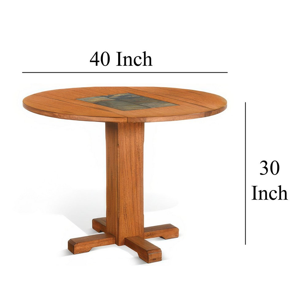 Marv Dining Table with 2 Drop Leaves, 40" Round, Natural Brown Wood