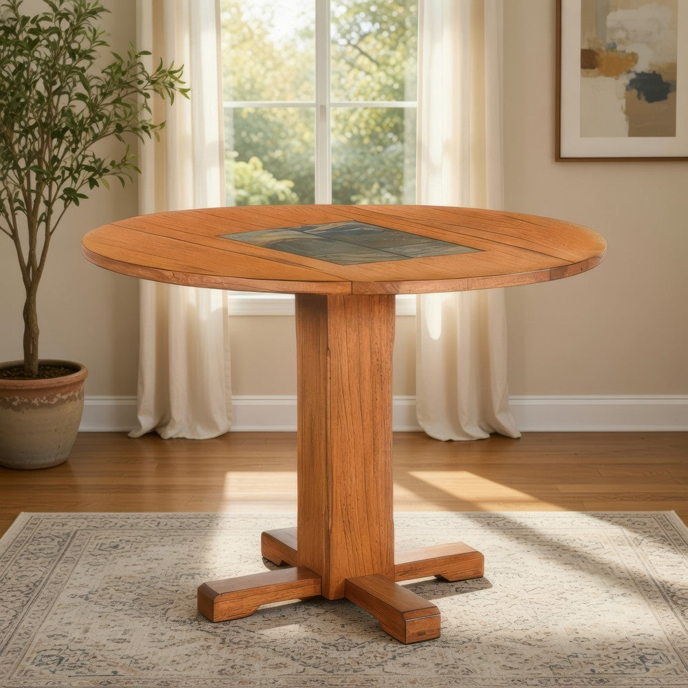 Marv Dining Table with 2 Drop Leaves, 40" Round, Natural Brown Wood