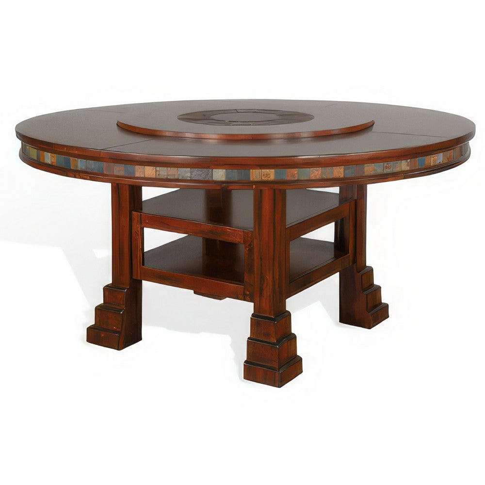 Odell Dining Table w Lazy Susan, 2 Shelves, 60" Round Dark Brown