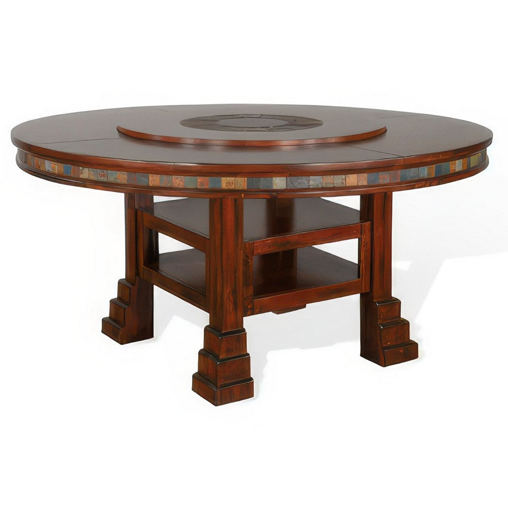 Odell Dining Table w Lazy Susan, 2 Shelves, 60" Round Dark Brown