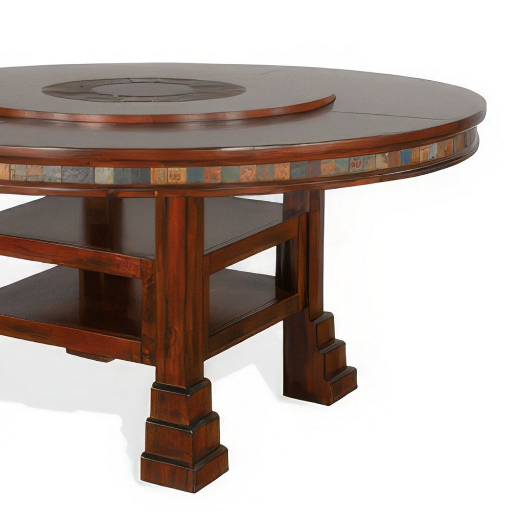 Odell Dining Table w Lazy Susan, 2 Shelves, 60" Round Dark Brown