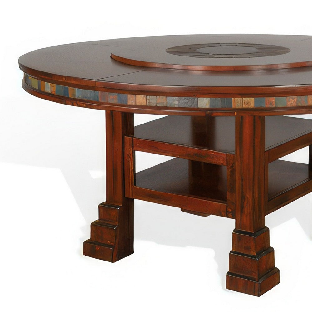 Odell Dining Table w Lazy Susan, 2 Shelves, 60" Round Dark Brown
