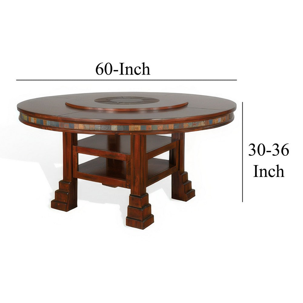 Odell Dining Table w Lazy Susan, 2 Shelves, 60" Round Dark Brown