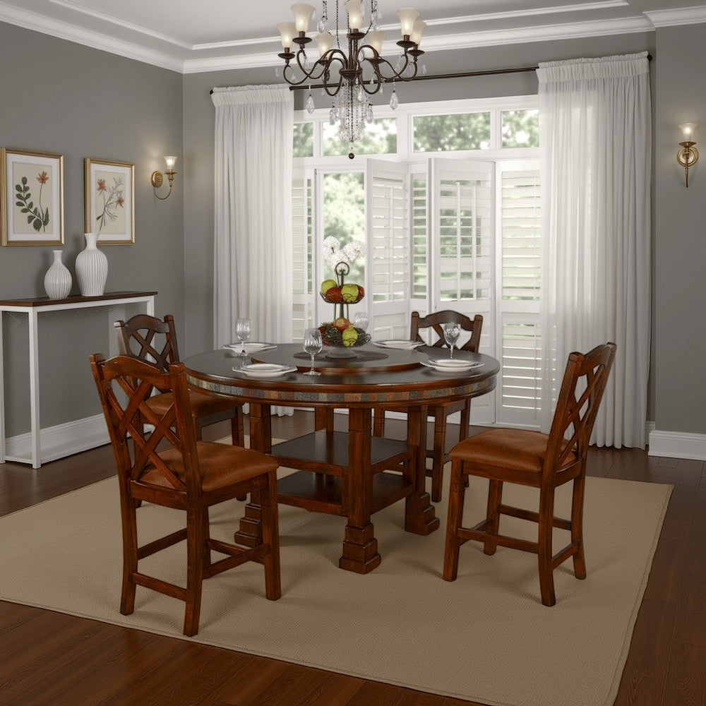 Odell Dining Table w Lazy Susan, 2 Shelves, 60" Round Dark Brown
