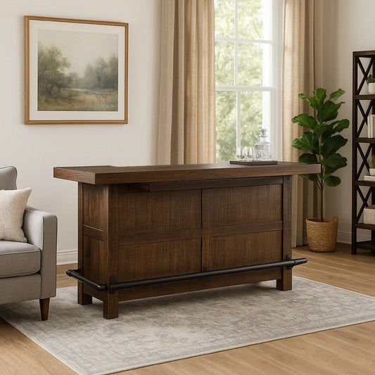 Flint Bar Counter Table, Pull Out Tray, Wine Racks, 80" Brown Wood