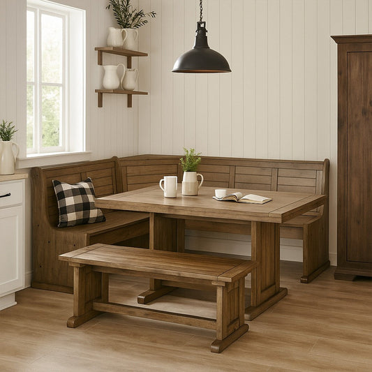 Yael 4pc Corner Breakfast Nook Set, Brown Dining Table Corner Bench