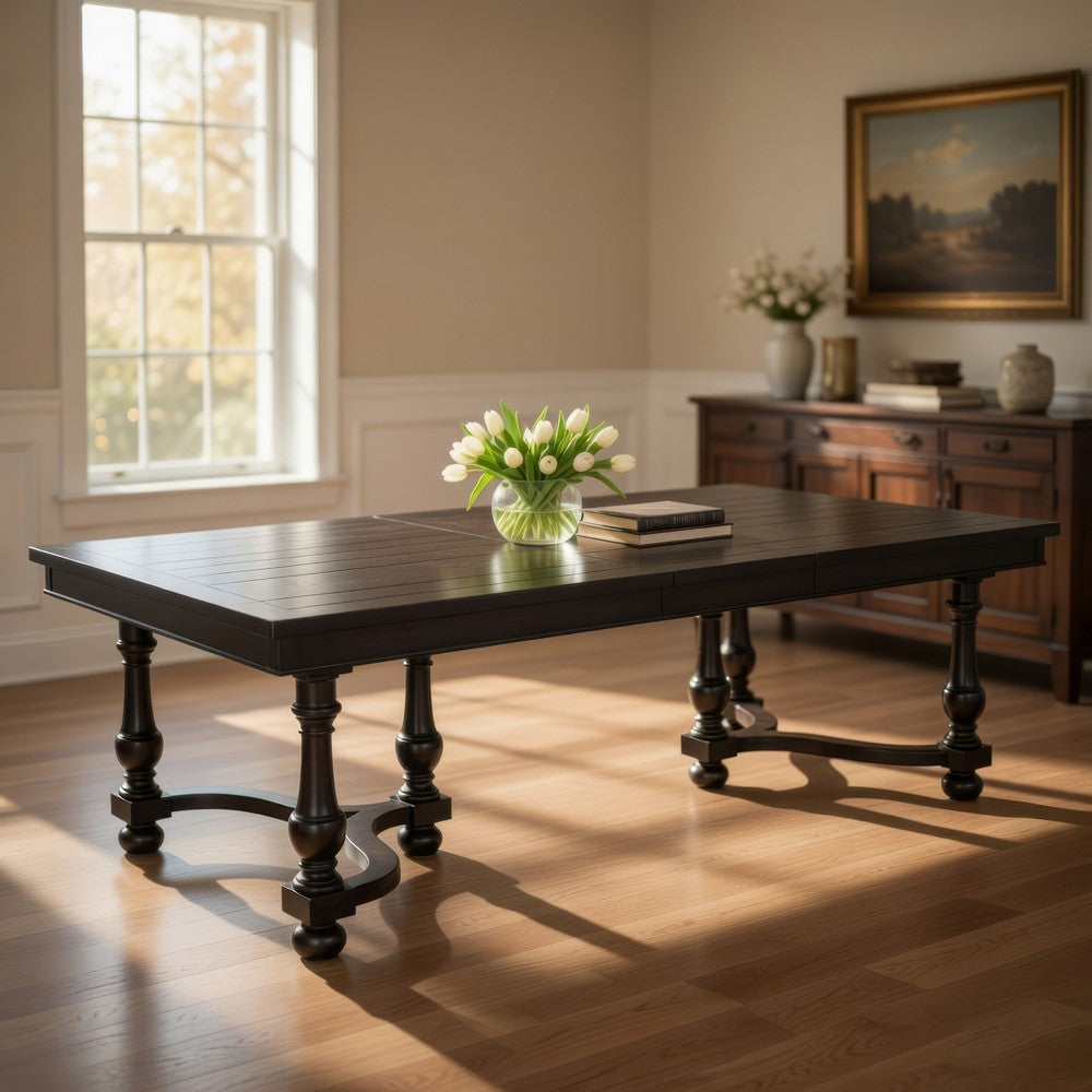 Elon Extendable Dining Table, 76-112" Top, 6 Turned Legs, Black