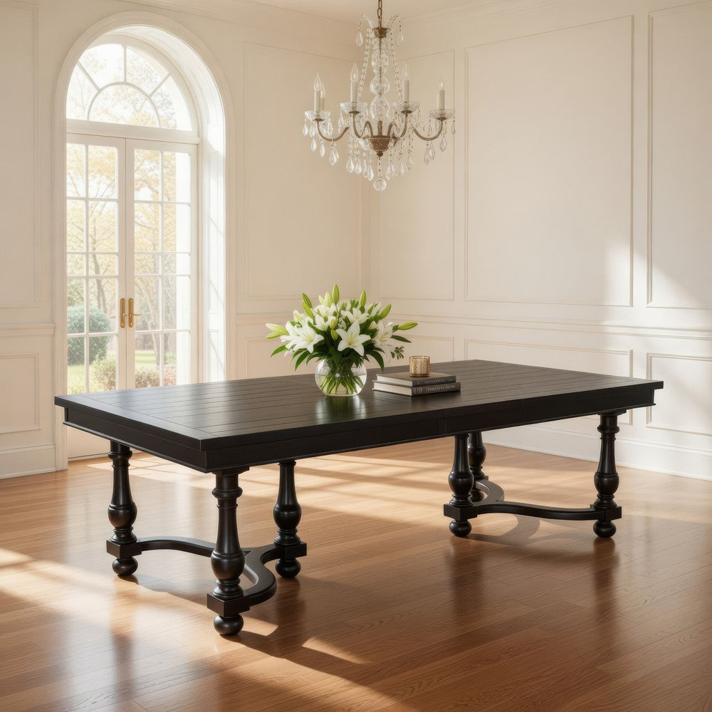 Elon Extendable Dining Table, 76-112" Top, 6 Turned Legs, Black