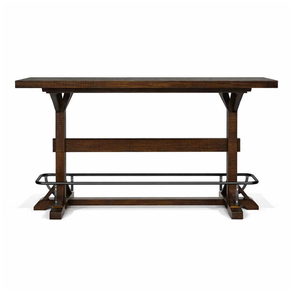 Flint Pub Bar Table, Black Metal Foot Rail, 78", Dark Brown Wood