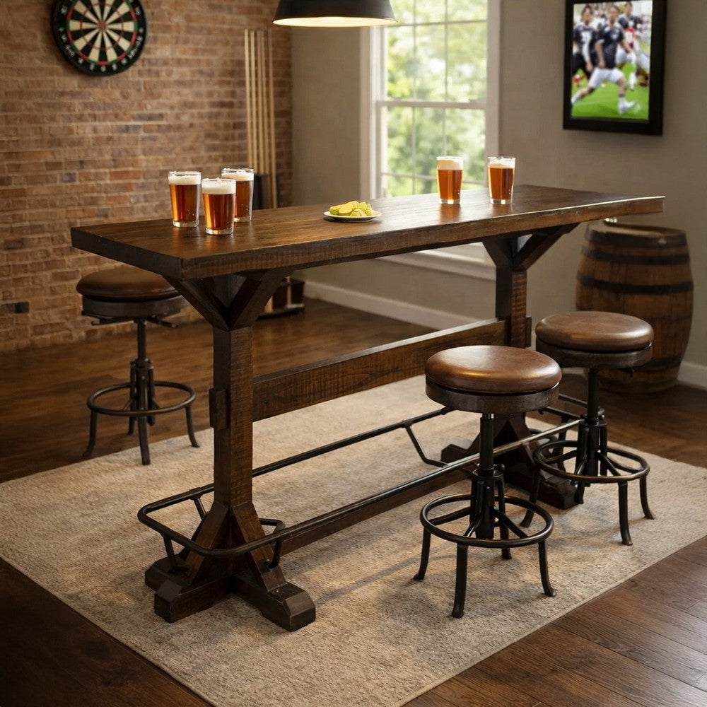 Flint Pub Bar Table, Black Metal Foot Rail, 78", Dark Brown Wood