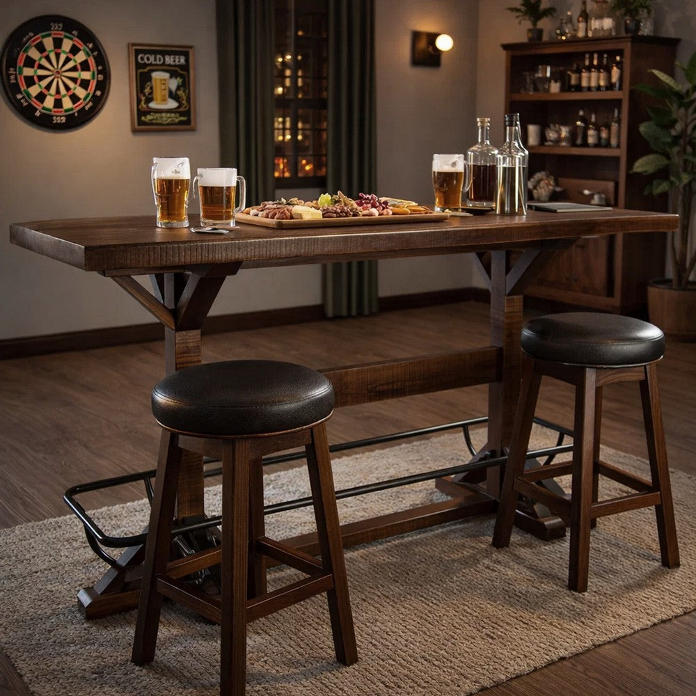 Flint Pub Bar Table, Black Metal Foot Rail, 78", Dark Brown Wood