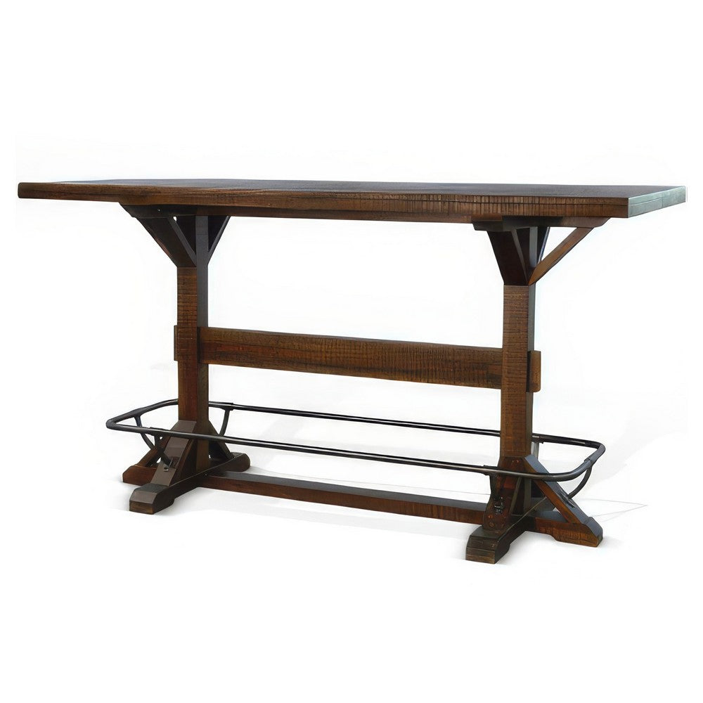 Flint Pub Bar Table, Black Metal Foot Rail, 78", Dark Brown Wood