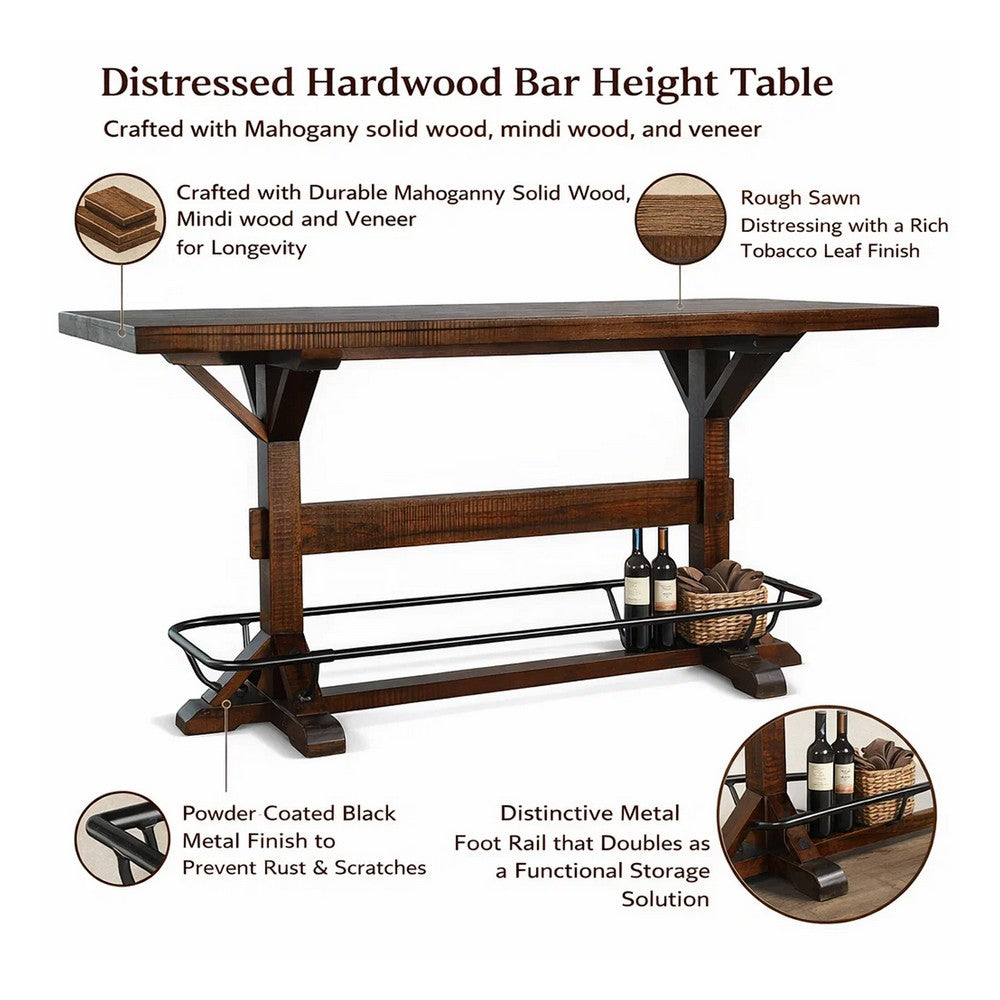 Flint Pub Bar Table, Black Metal Foot Rail, 78", Dark Brown Wood