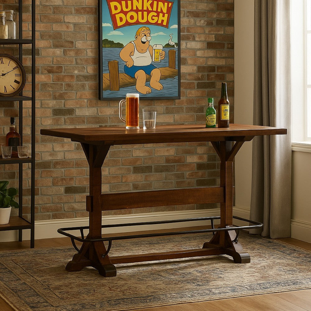 Flint Pub Bar Table, Black Metal Foot Rail, 78", Dark Brown Wood