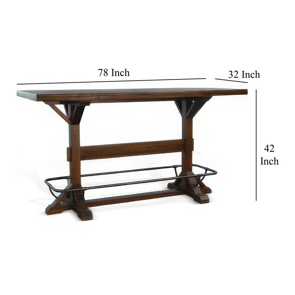 Flint Pub Bar Table, Black Metal Foot Rail, 78", Dark Brown Wood