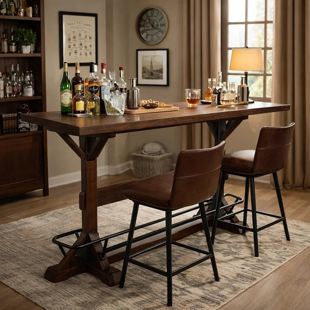 Flint Pub Bar Table, Black Metal Foot Rail, 78", Dark Brown Wood