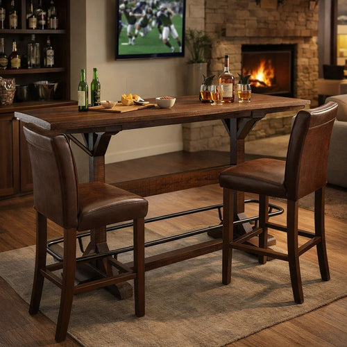 Flint Pub Bar Table, Black Metal Foot Rail, 78", Dark Brown Wood