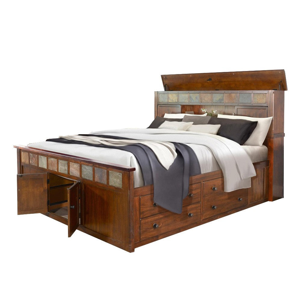 Odell Queen Size Bed w Storage Footboard Bookcase Headboard Brown