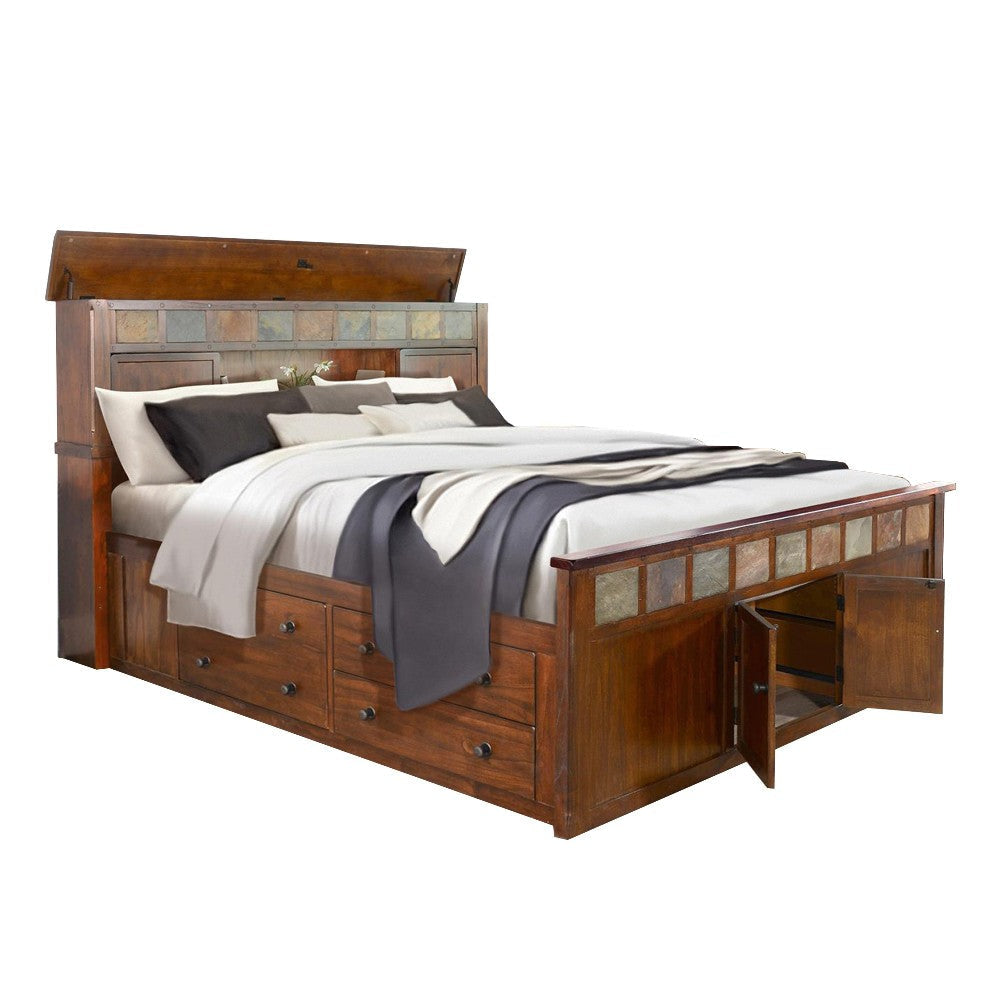 Odell Queen Size Bed w Storage Footboard Bookcase Headboard Brown