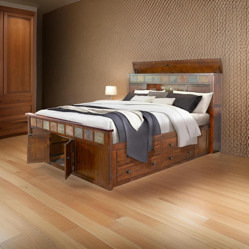 Odell Queen Size Bed w Storage Footboard, Bookcase Headboard, Brown