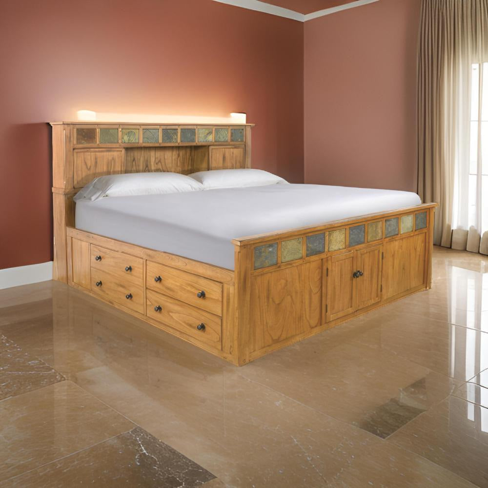 Marv King Size Bed, Storage Footboard, Bookcase Headboard, Light Brown