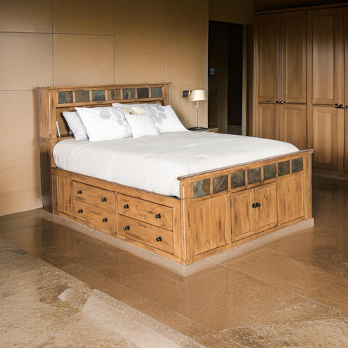 Marv Queen Size Bed, Storage Footboard Bookcase Headboard, Light Brown