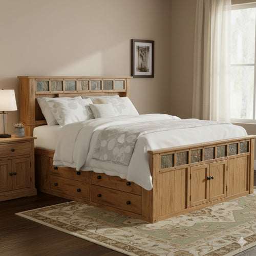 Marv Queen Size Bed, Storage Footboard Bookcase Headboard, Light Brown