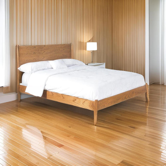 Amy King Size Platform Bed, Low Profile Frame, Panel Headboard, Brown