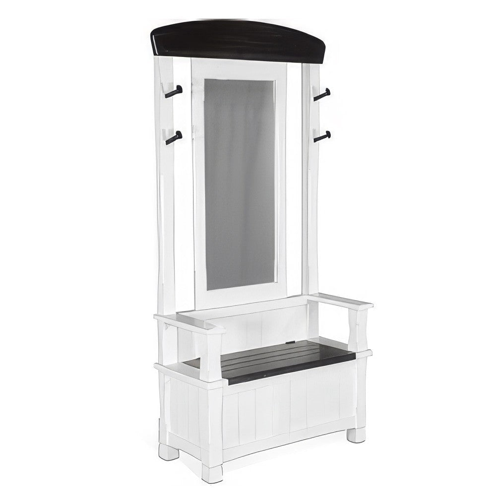 Orso Foyer Hall Tree Coat Hanger w Mirror, Storage Bench, White, Brown