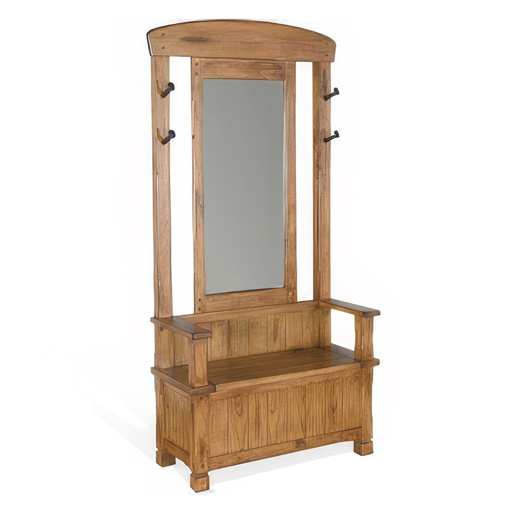 Marv Foyer Hall Tree Coat Hanger w Mirror, Storage Bench, Light Brown