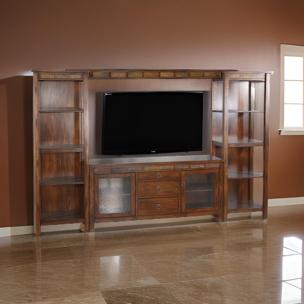 Odell TV Media Wall Entertainment Console, Display Shelves, Brown 108"