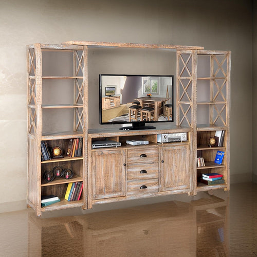 Rany 4pc TV Wall Entertainment Console, 2 Pier, Bridge Brown Wood 114"