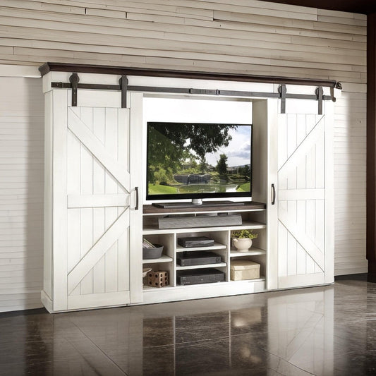 Orso TV Media Entertainment Console Wall w Barn Doors White 109"