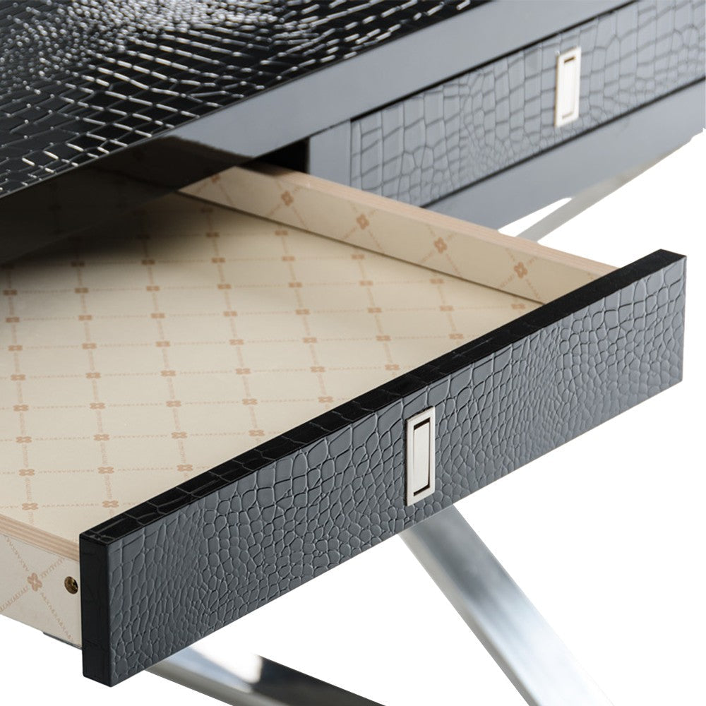 Cyen Office Writing Desk 57 Inch Black Crocodile Lacquer 2 Drawers BM325233