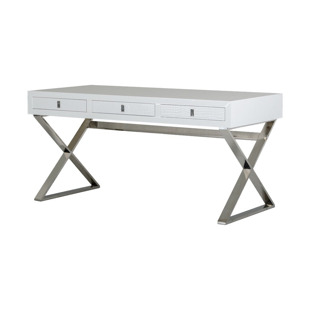 Cyen Office Writing Desk, 57 Inch, White Crocodile Lacquer, 2 Drawers