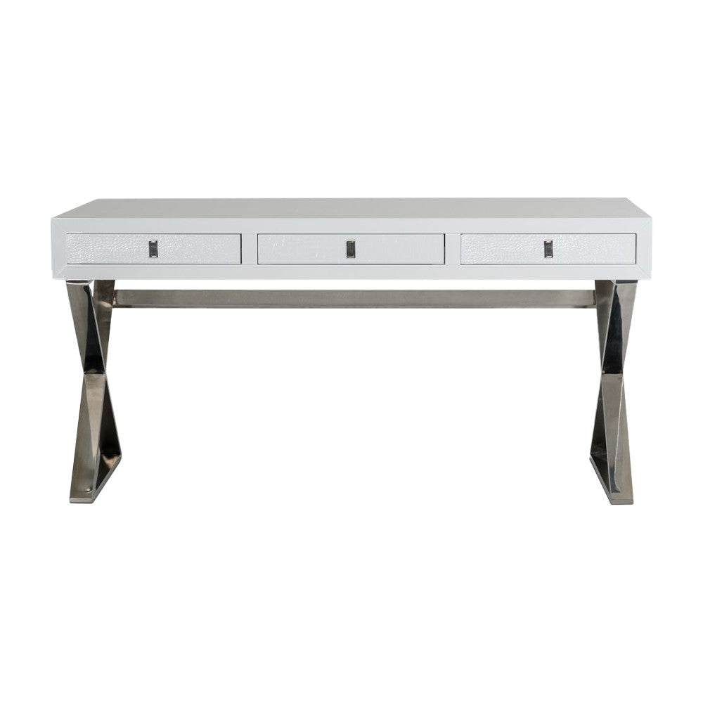 Cyen Office Writing Desk 57 Inch White Crocodile Lacquer 2 Drawers BM325234