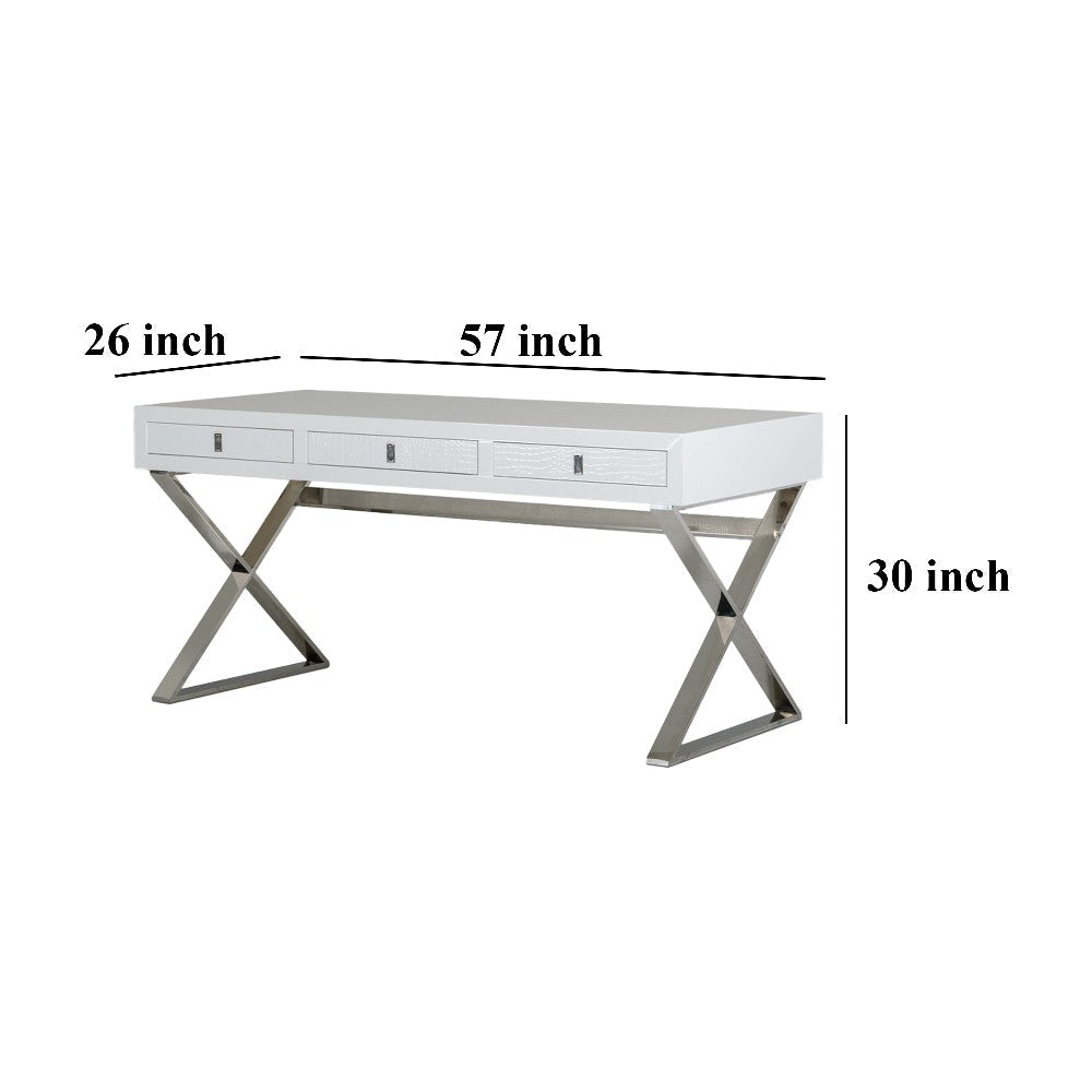 Cyen Office Writing Desk 57 Inch White Crocodile Lacquer 2 Drawers BM325234