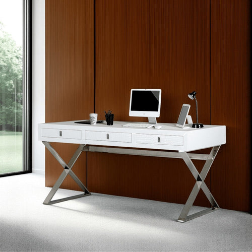 Cyen Office Writing Desk, 57 Inch, White Crocodile Lacquer, 2 Drawers