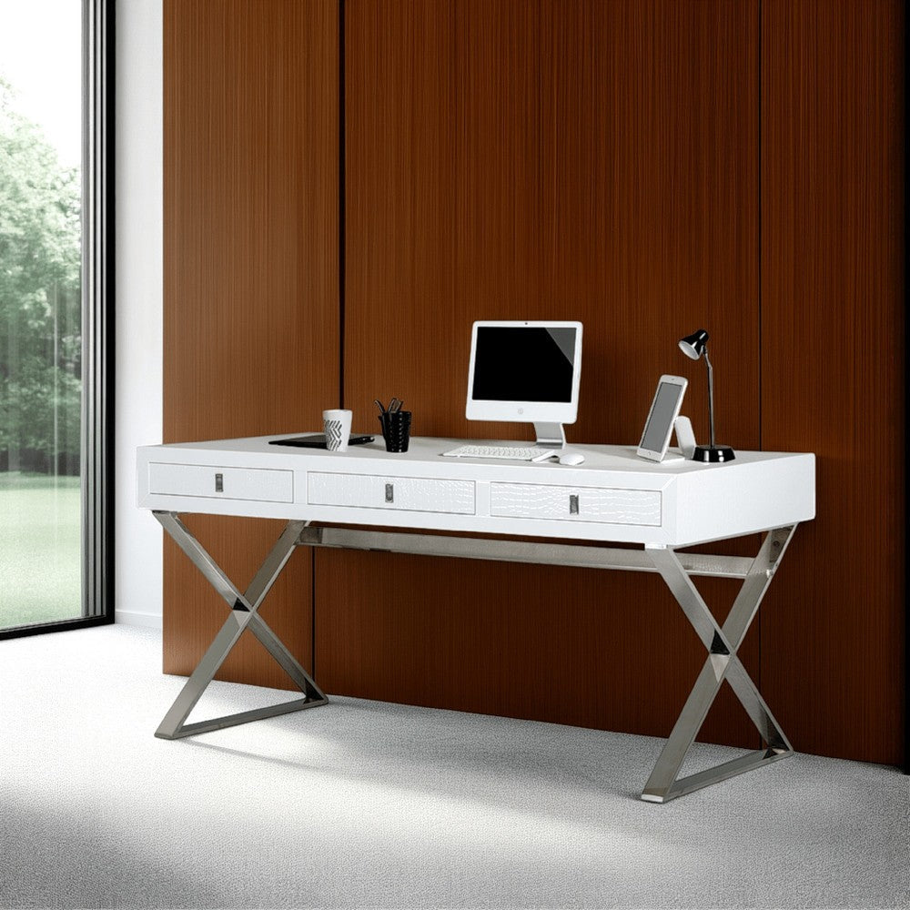 Cyen Office Writing Desk, 57 Inch, White Crocodile Lacquer, 2 Drawers