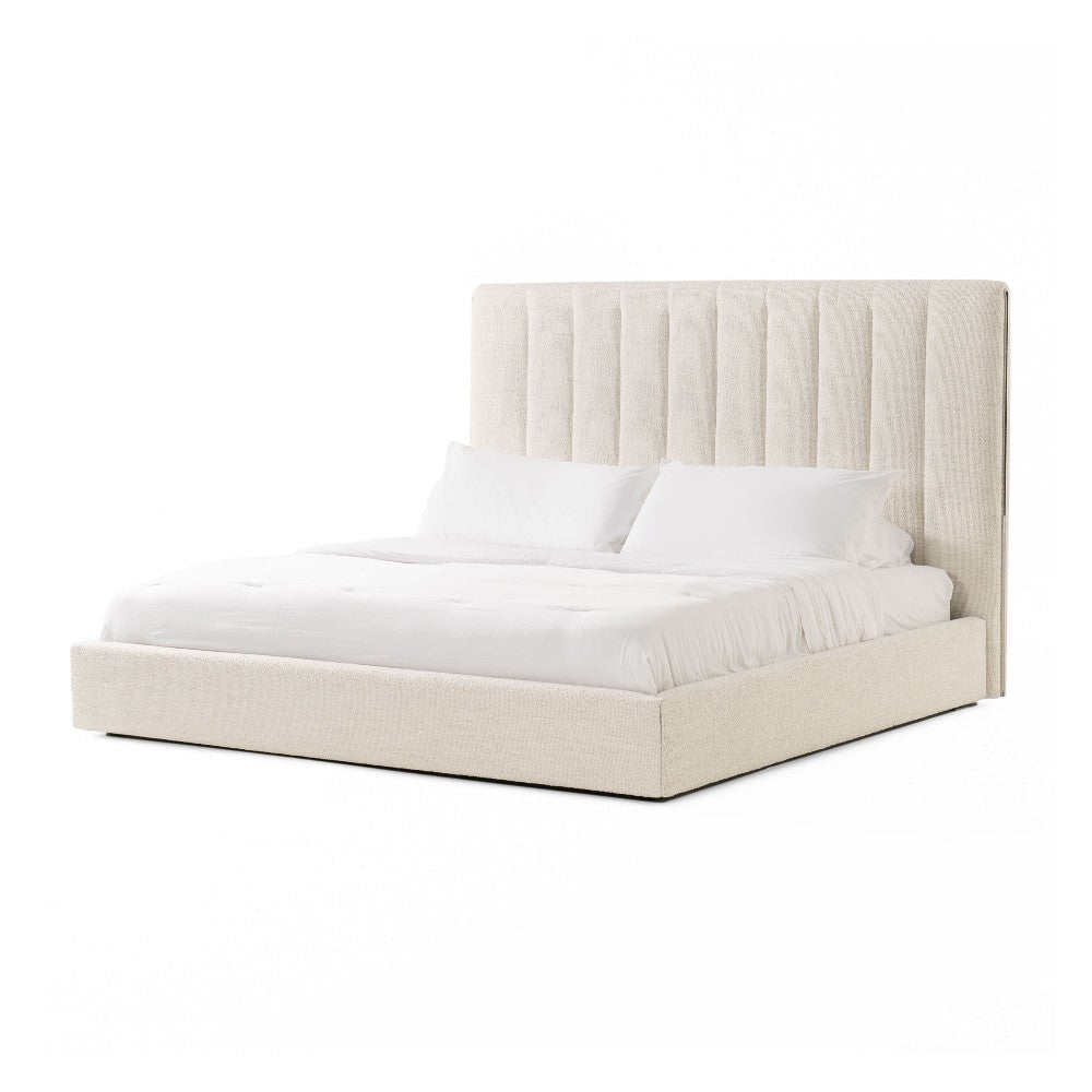 Valy Platform King Size Bed Vertical Striped Tufted Ivory Upholstered
