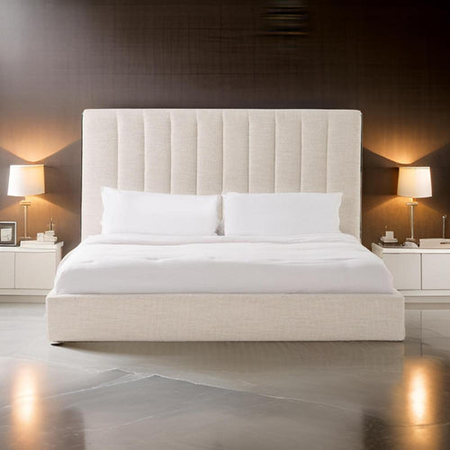 Valy Platform King Size Bed, Vertical Striped Tufted Ivory Upholstered