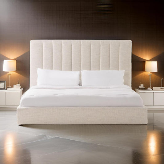 Valy Platform King Size Bed, Vertical Striped Tufted Ivory Upholstered