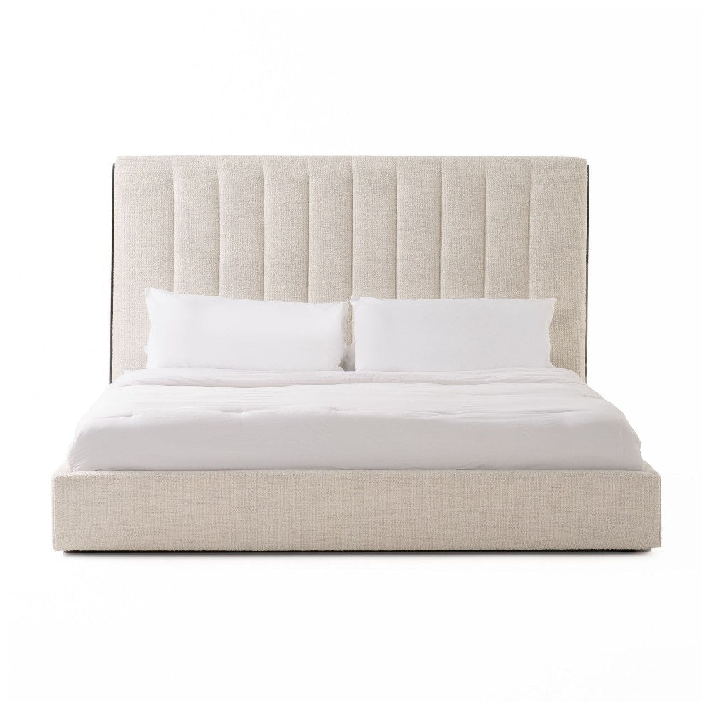 Valy Platform Queen Bed Vertical Striped Tufted Ivory Upholstered