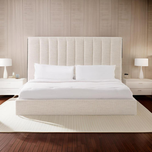 Valy Platform Queen Bed, Vertical Striped Tufted Ivory Upholstered