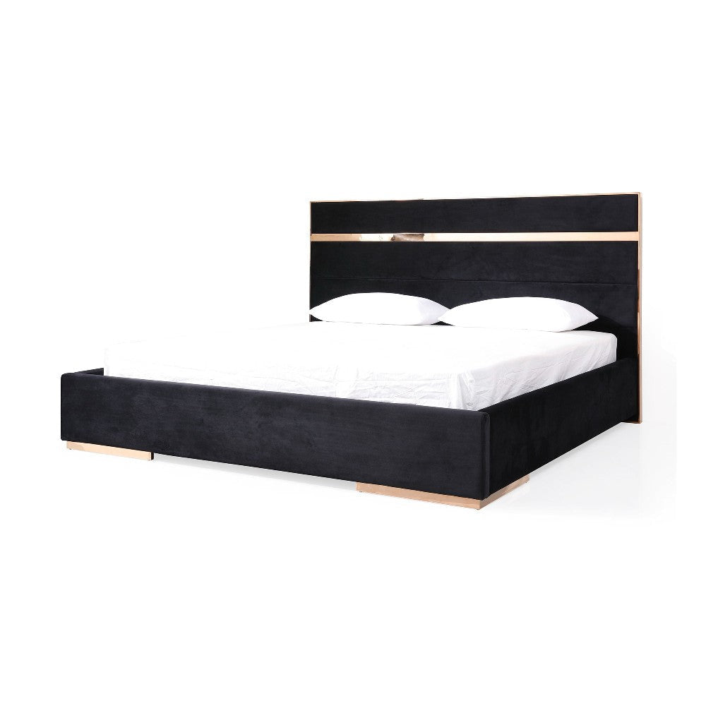 Caer Platform Queen Bed Black Velvet Upholstery Rose Gold Steel